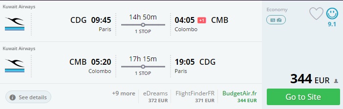 paris to sri lanka
