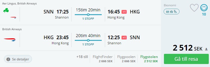 flights from ireland to hong kong