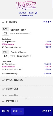 wizzair bari vilnius