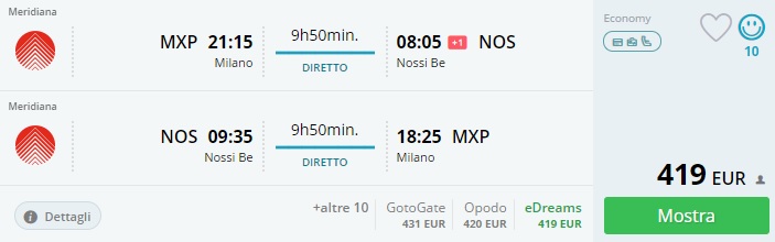 direct flights from milan to madagascar