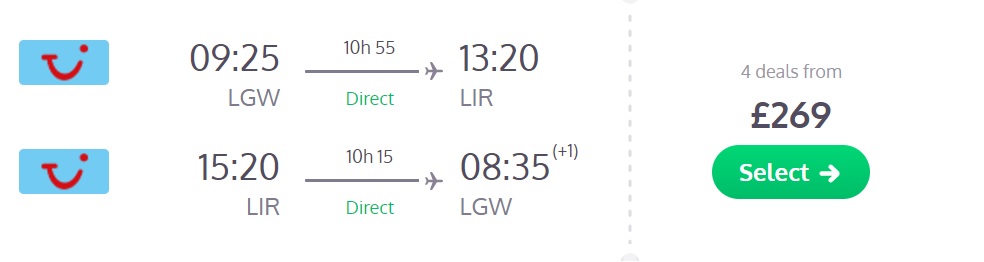 direct flights to costa rica from london