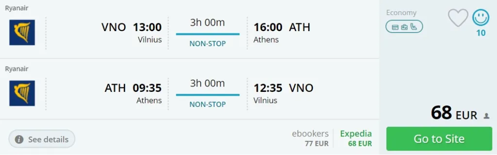 direct flights from vilnius to athens