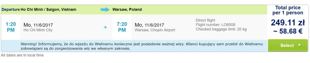 flights from vietnam to warsaw