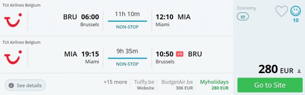 non stop flights to miami from brussels