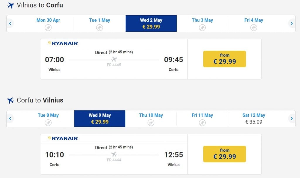 flights from vilnius to corfu