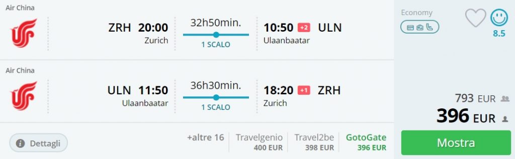 flights from zurich to mongolia