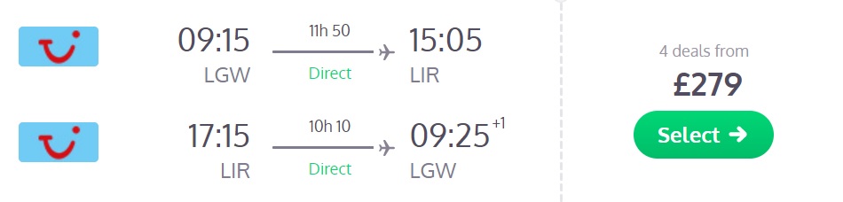 direct flights london costa rica