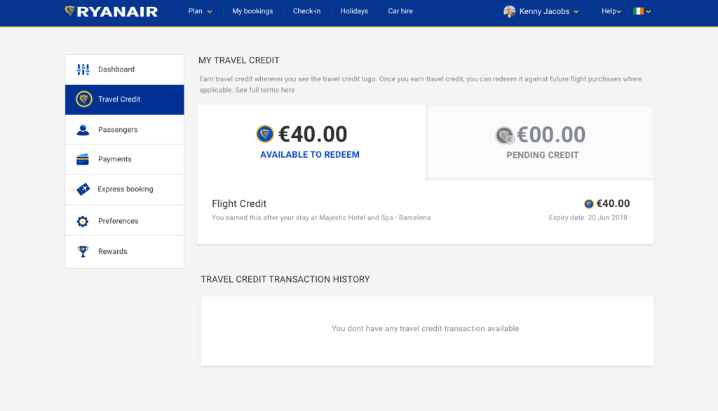 ryanair travel credit reward
