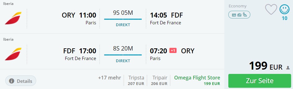 non stop flights from paris to martinique