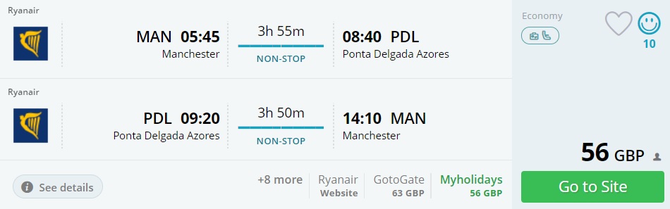 non stop flights to the azores from manchester