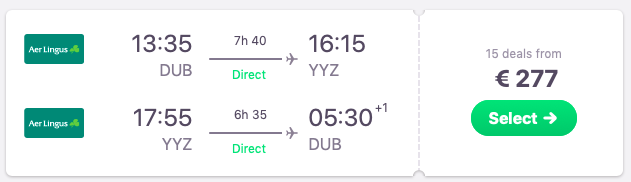 DIRECT flights from Dublin, Ireland to Toronto, Canada