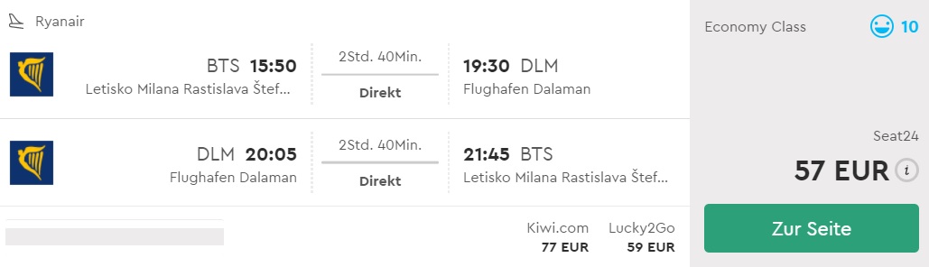 direct flights from bratislava to dalaman turkey