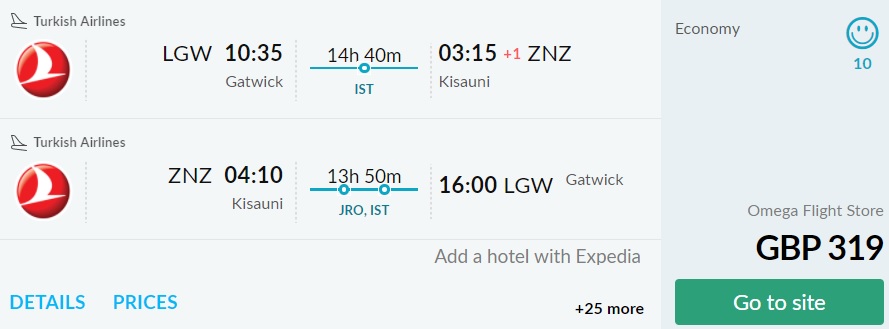 turkish airlines flights from london to zanzibar