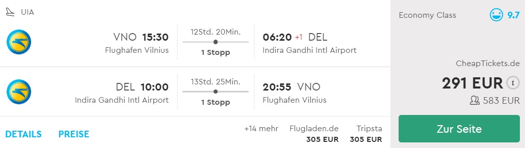 flights to new delhi india from vilnius