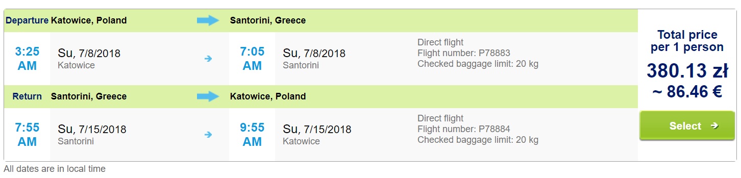 last minute flight frm katowice to santorini