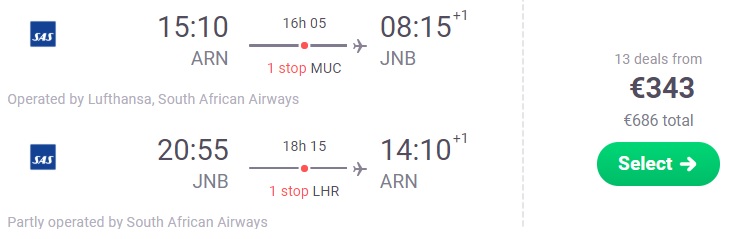 Cheap flights from Stockholm to JOHANNESBURG, SOUTH AFRICA