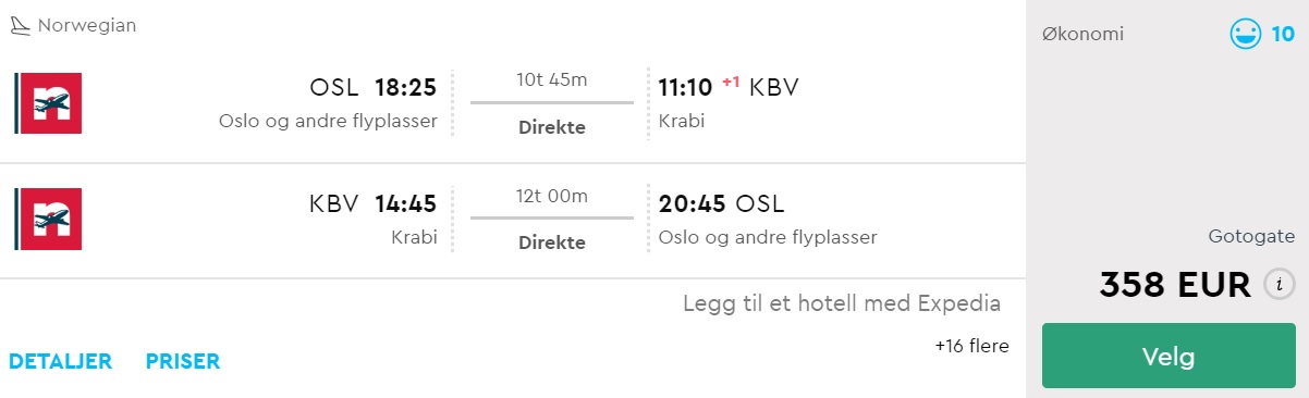 cheap non stop flights oslo krabi thailand