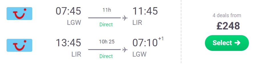 Flights from London to COSTA RICA