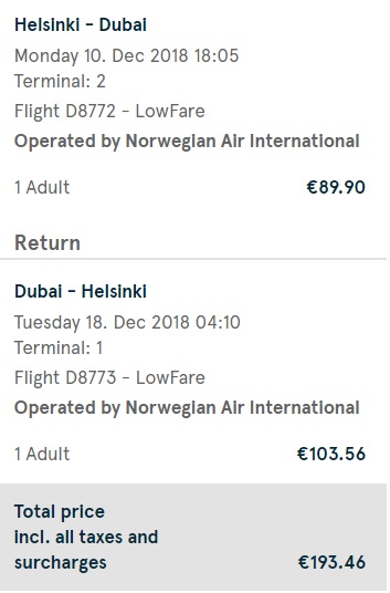 Non-Stop flights from Helsinki Finland to DUBAI