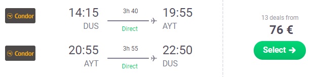 Non Stop flights to ANTALYA from Dusseldorf germany