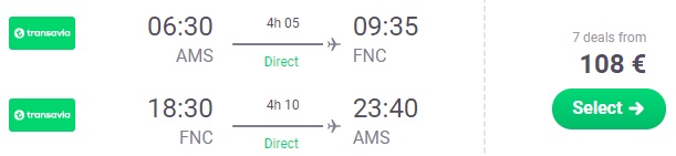 Non stop flights from Amsterdam to MADEIRA