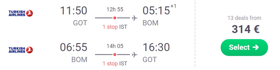 turkish airlines flights to mumbai from gothenburg