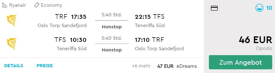 CHEAP Non stop flights to TENERIFE from Oslo Norway