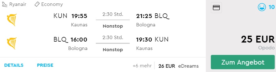 Cheap flights to BOLOGNA from Kaunas Lithuania