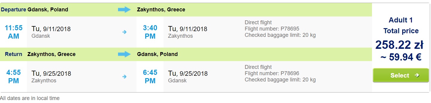 LAST MINUTE flights Gdansk ZAKYNTHOS