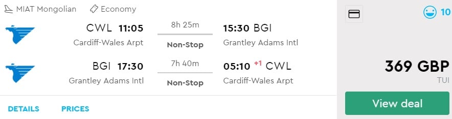 Non stop flights Cardiff UK BARBADOS
