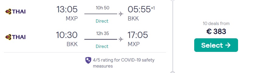 direct flights miland bangkok thailand
