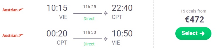 non stop flights vienna cape town south africa
