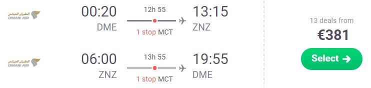 Cheap flights to ZANZIBAR from Moscow Russia Oman Air