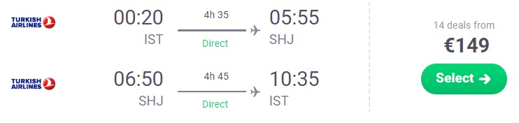 Non Stop flights from Istanbul to Sharjah UAE Turkish Airlines