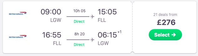 Non-stop flights from London to Fort Lauderdale, Florida