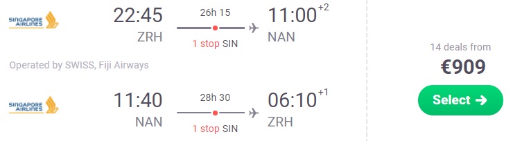 Singapore Airlines Flights to FIJI from Zurich Switzerland