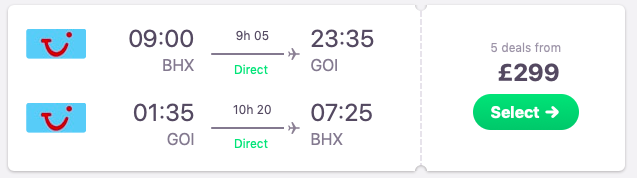 DIRECT flight from Birmingham to Goa, India
