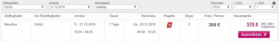 XMAS flights to MAURITIUS from Zurich Switzerland