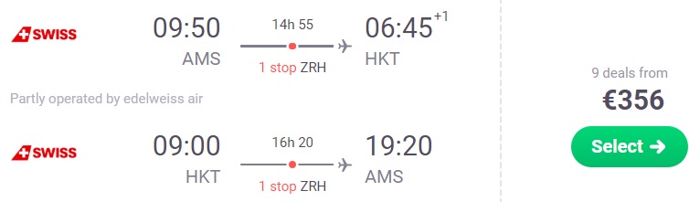 FULL SERVICE flights from Amsterdam to Phuket, Thailand