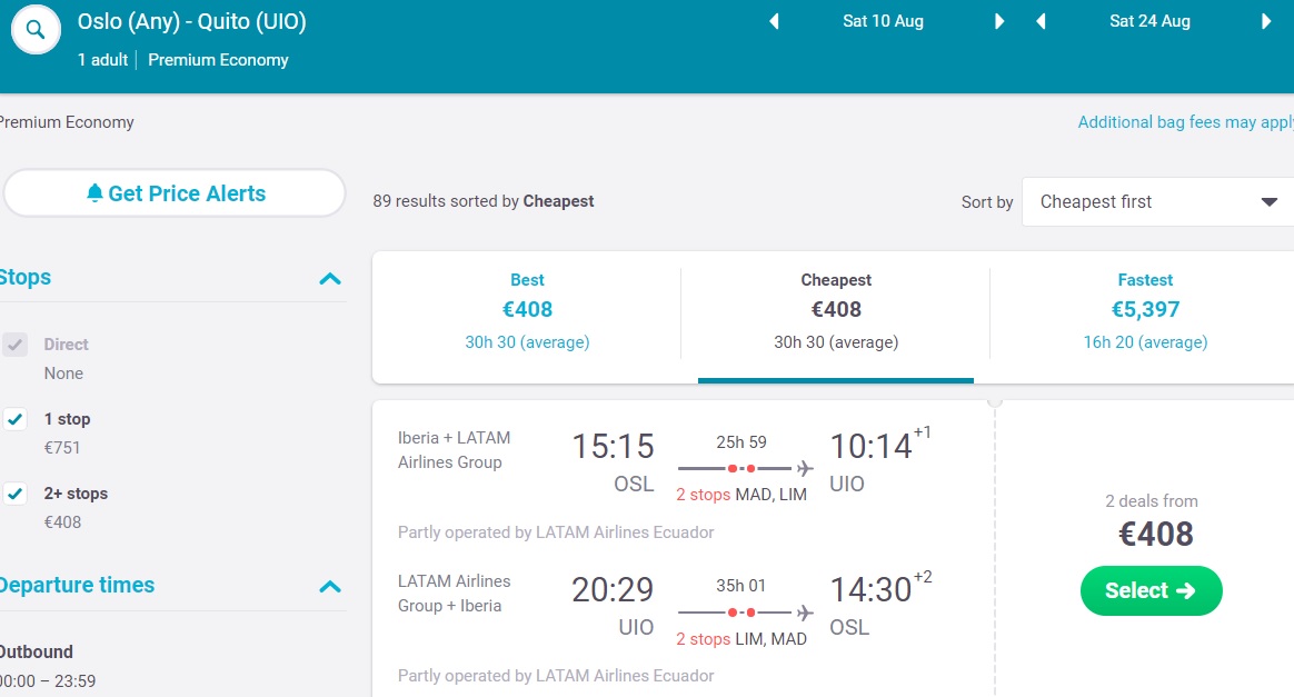 Premium Economy Class Flights from Oslo to ECUADOR