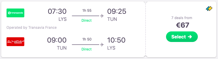 Direct flight Lyon Tunis