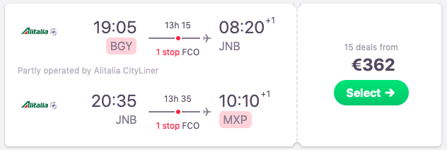 Flights Milan to Johannesburg 