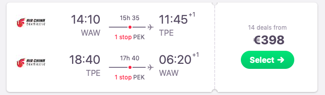 Flight from Warsaw, Poland to Taipei, Taiwan 