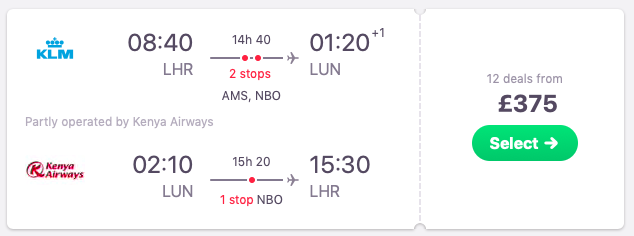 Flights London to Zambia