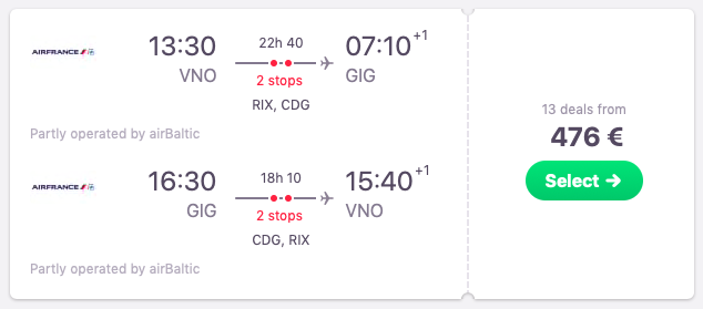 Flights from Vilnius to Rio de Janeiro, Brazil