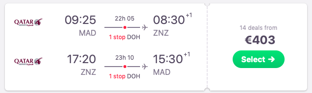 Flights from Madrid to Zanzibar 