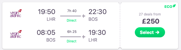 Direct flights London to Boston