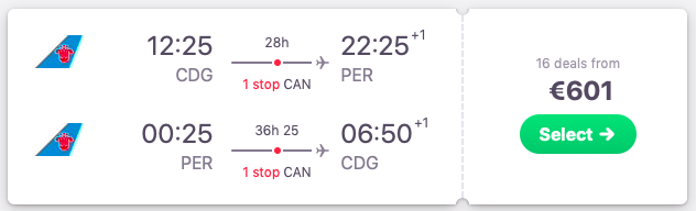 Flights from Paris, France to Perth, Australia
