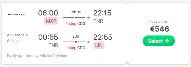 Full-service flights from Milan to Madagascar