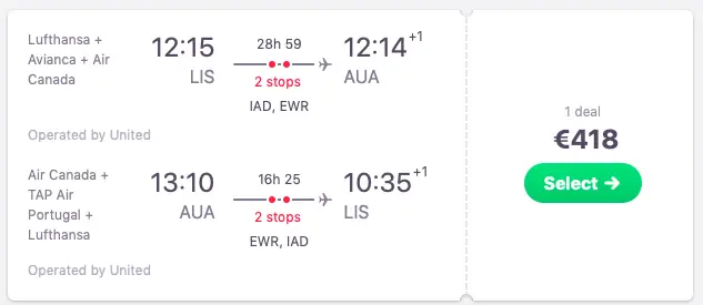 Flights from Lisbon, Portugal to Aruba